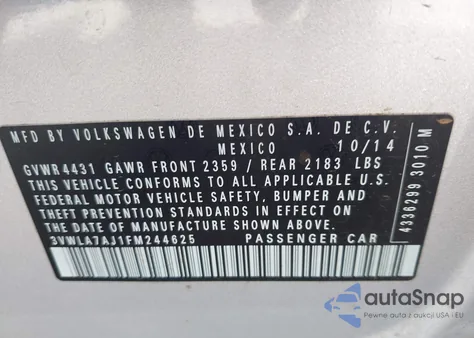 2015 Volkswagen Jetta 2.0L Tdi Se из США, поврежденный, VIN 3VWLA7AJ1FM244625